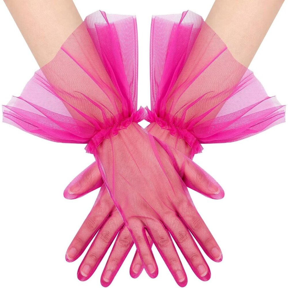 Women's Short Hot Pink Tulle Mesh Puffy Ruffle Gloves Wedding Party Prom Costume
